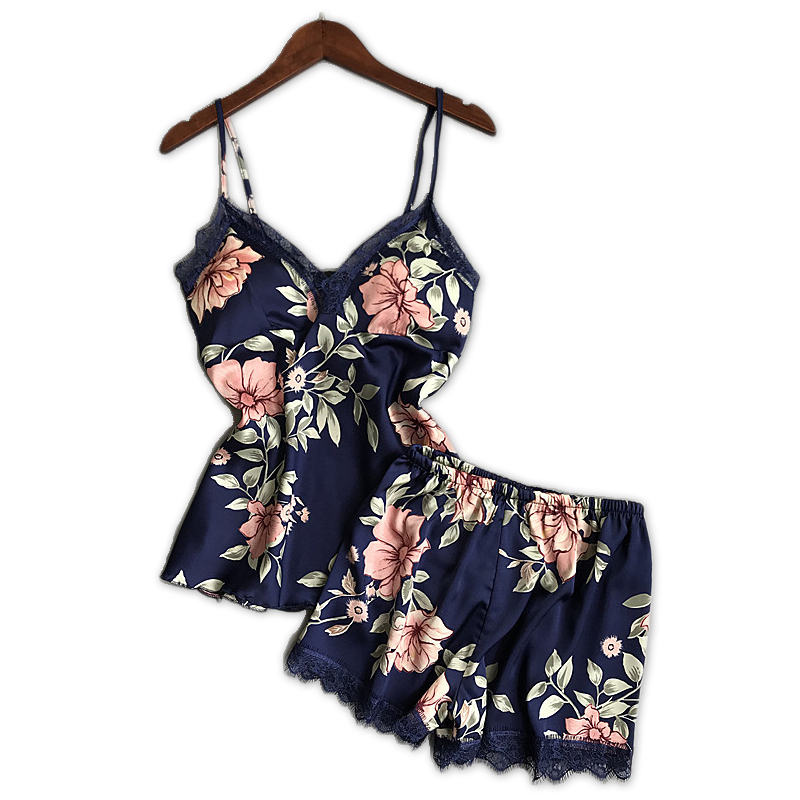 

Summer satin silk Floral women short sleepwear set sleep sexy wear women short pajama sets spaghetti strap v-neck pyjamas, Black