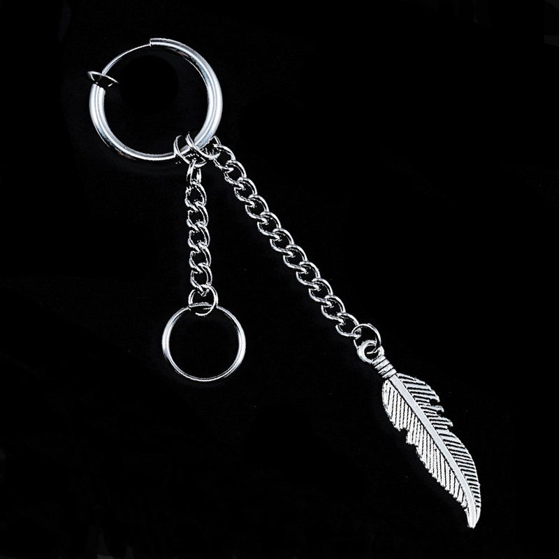 

1PC Single Punk Rock Titanium Steel No ear hole Earrings Feathers Long Chain Tassel Clip Earring Male Female Fashion Jewelry