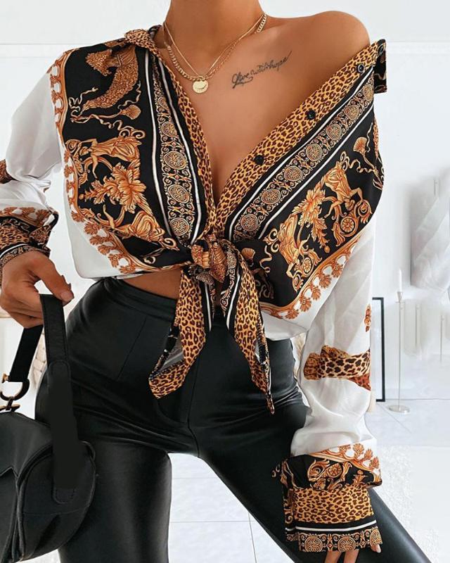 

Vintage Baroque Leopard Print Casual Shirt Women Turn-down Collar Long Sleeve Casual Blouse Tops Streetwear, As pic