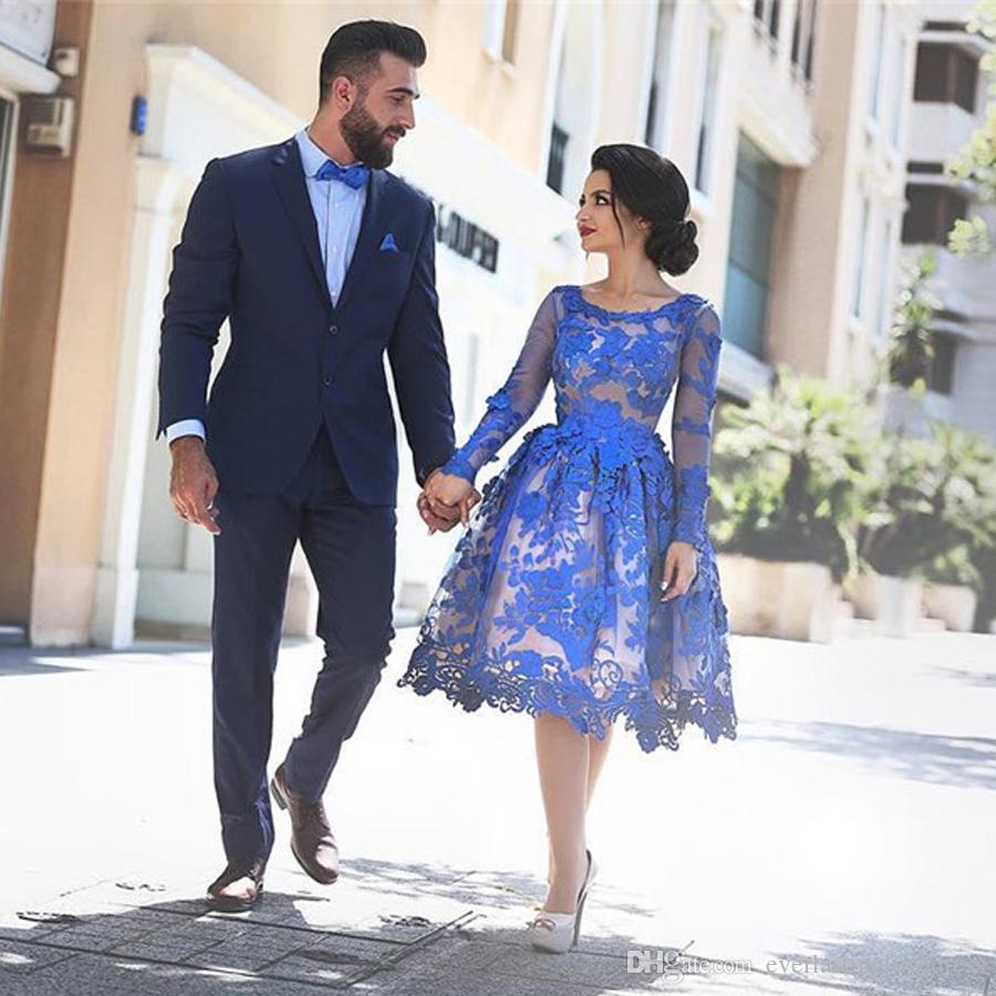 

Saidmhamad Royal Blue Short Prom Dress Vintage Lace Applique Long Sleeve A-Line Short Evening Dress Blue Homecoming Dresses, Ivory
