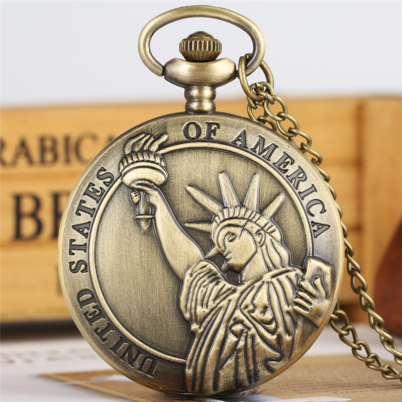 

Statue Of Liberty Theme Quartz Pocket Watch Bronze Cool Full Hunter Pendant Necklace Chain Souvenir Clock for Men Women