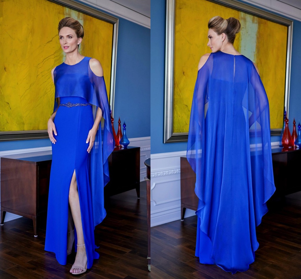 

2020 Royal Blue Butterfly Sleeves Groom Dresses Evening Wear Jewel Cold Shoulder Beaded Waistline mother of the bride dresses Mom Bridal