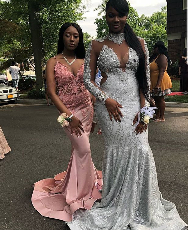 

African Silver Prom Dresses Mermaid Long Sleeve See Through Glitter Fabric Evening Dress Long Backless Black Girls Party Gowns DP0004, Light purple
