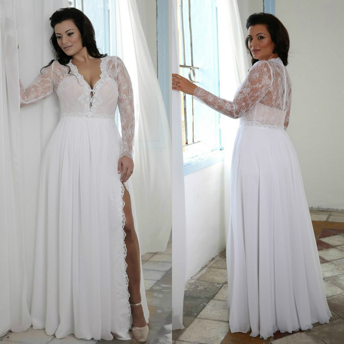 

Plus Size Lace Wedding Dresses With Long Sleeves 2020 V Neck Side split Chiffon Bridal Gowns Floor Length A Line Beach Wedding Dress, Pink