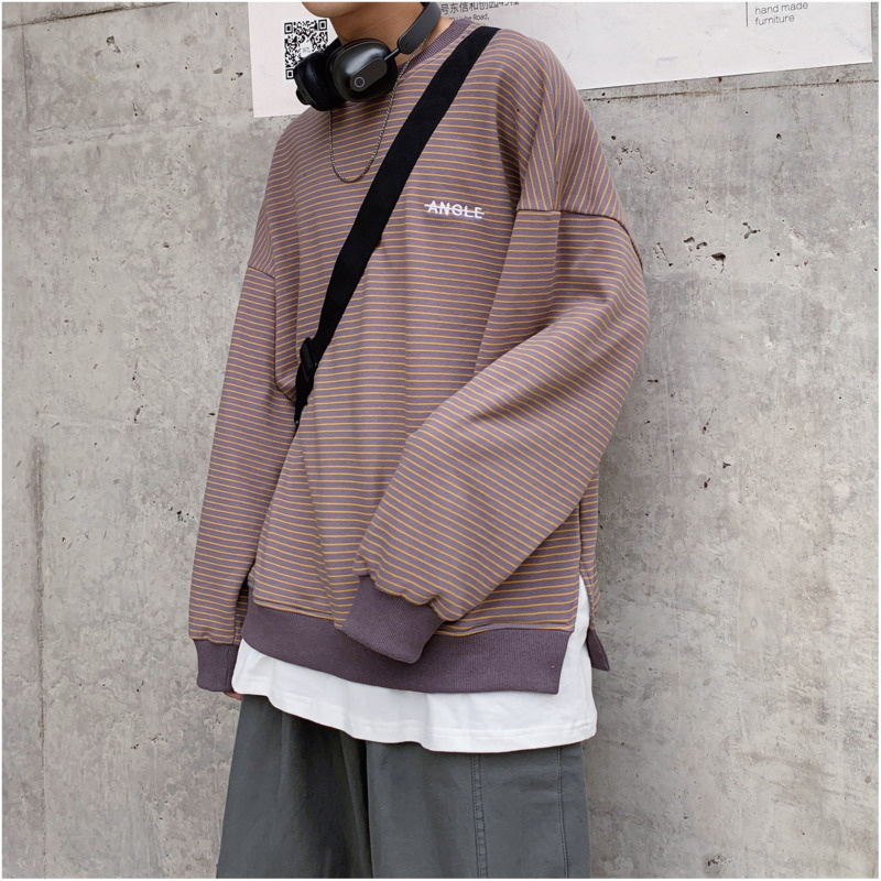 

2019 Spring And Autumn New Fake Two-piece Stripe Color Long-sleeved Sweatshirt Fashion Casual Pullover Brown Black Green / White