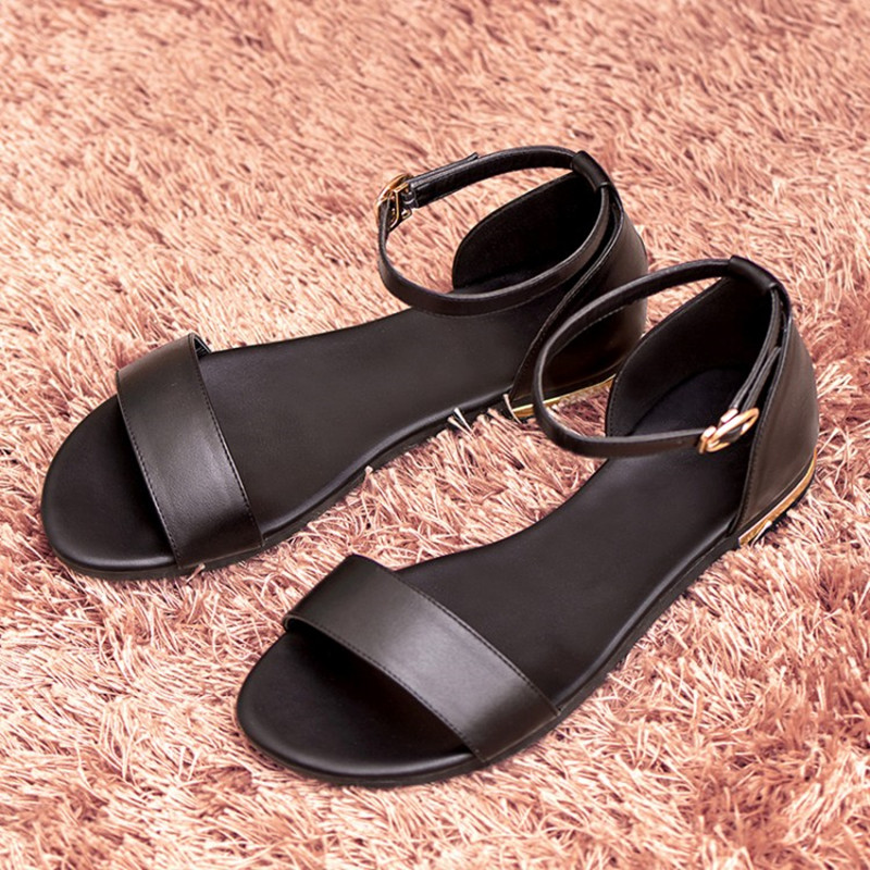 

2020 Genuine Leather Women Sandals Fashion Summer Sweet Women Flats Heel Sandals Ladies Shoes Black White gold