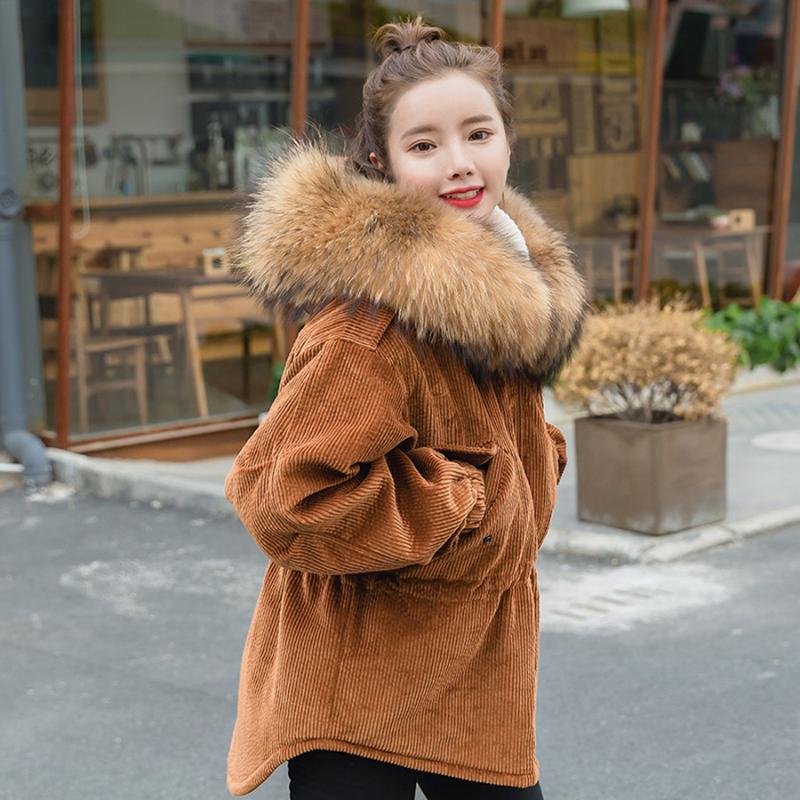 

Jacket Women Clothes Winter 2020 Thick Korean Style Corduroy Coat Large Fur Collar Down Cotton Overcoat Jackets KJ4572, Pink
