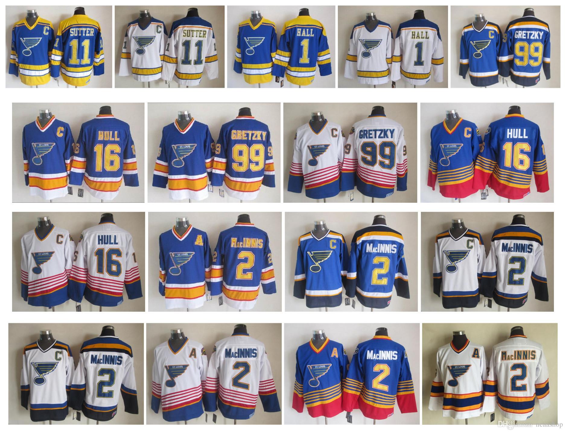 

Vintage St. Louis Blues Jersey 1 Glenn Hall 2 Al Macinnis 11 Brian Sutter 99 Wayne Gretzky 16 Brett Hull 77 Pierre Turgeon Retro CCM Hockey, As pic