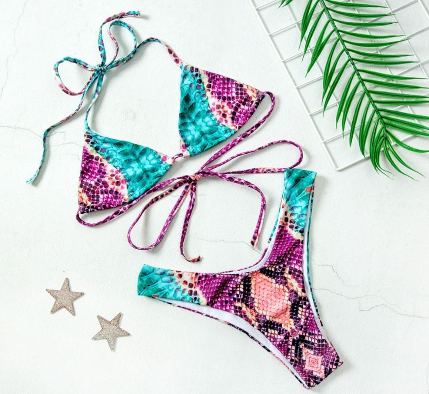 

Sexy Women' Lace Up Halter Micro Mini Brazilian Bikinis Sankeskin Print Cheeky Thong Low Waist Two Pieces Swimsuits Beachwear