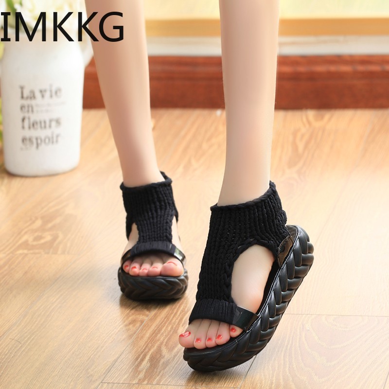 

Summer Causal med Heels Sandals Women Knitting Wool Peep Toe Ladies Platform Shoes Solid Comfortable fashion Wedge Sandals, Black