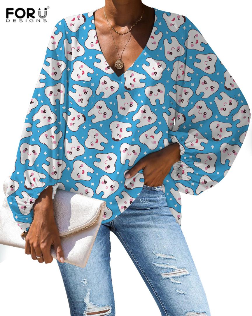

FORUDESIGNS Women Blouse Colorful Dental Tooth Print Blouse Casual Loose Long Sleeve V-neckShirt Tops Dropshipping, Hxa212b2