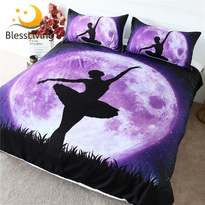 

BlessLiving Ballet Bedding Set Giant Purple Moon Duvet Cover Dancing Girl Bedspread Galaxy Night Sky Elegant Bed Set 3pcs Queen, As pic