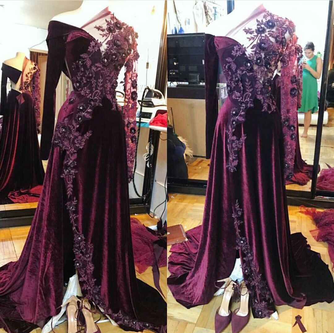 

Luxury Arabic Evening Dresses Lace 3D Floral Appliques Beaded Long Sleeve Prom Dress 2020 High Slit Formal Party Gowns Robes De Soirée, Grape