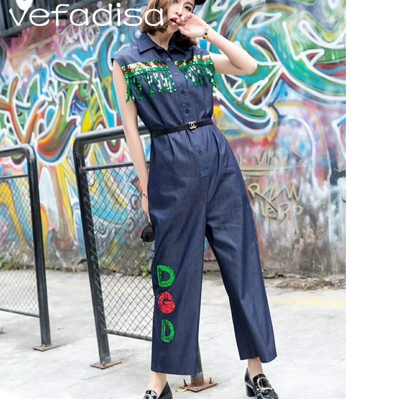 

Vefadisa Spring and Summer Women Paillette Tassels Decoration Jumpsuits Letter Sleeveless Denim Loose Women Jumpsuits QFM151, Dark blue