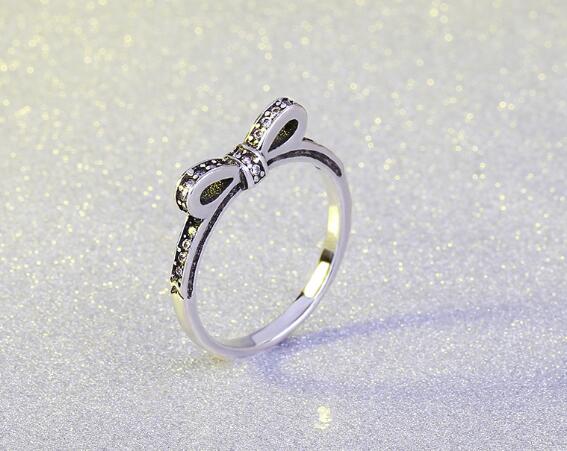 

S925 Ancient Silver bow knot Rings Fine Sparkling Bow With diamond Rings For Women compatible with Pandora jewelry top quality