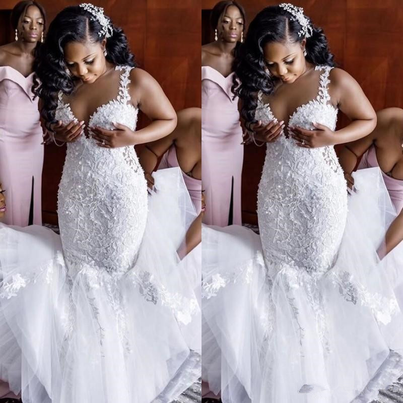 White Lace Wedding Dress Mermaid Plus Size Floral Appliques Spaghetti Straps Sleeveless 2020 New African Bridal Gowns