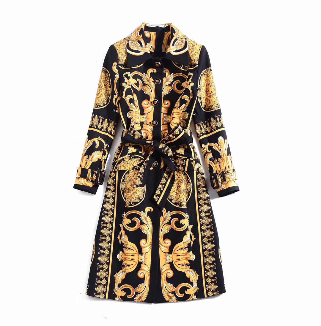 

European and American women' 2019 winter clothing new Long sleeve Fine button vintage print Trench coat, Multi