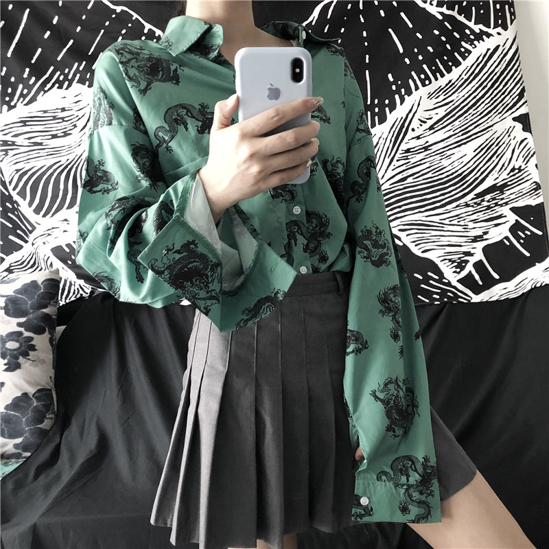 

Women Streetwear Top and Blouses Dragon Print Cardigan Long Sleeve Loose Hip hop Shirt blusas femininas Harajuku Chemisier Femme, As pic