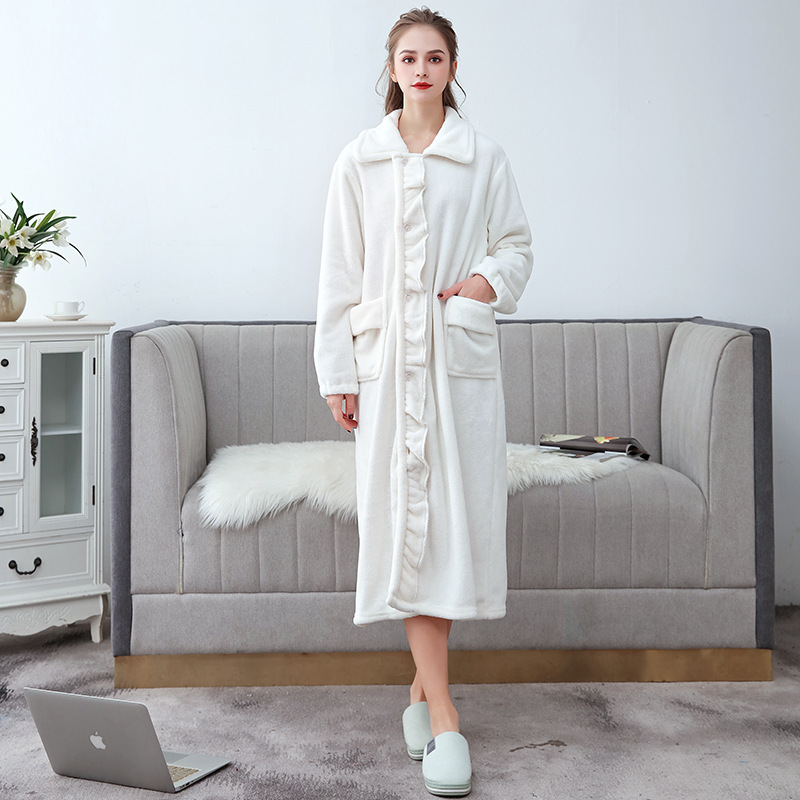 

Women Bathrobe Winter Thicken Warm Flannel Bath Robe Long Plus Size Night Dressing Gown Nightgown, White