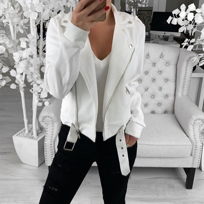 

New Autumn Women Coat Slim Solid Color Zipper Button V Neck Turn Down Collar Sashes Pockets Short Jacket Moto Jacket Belt, White