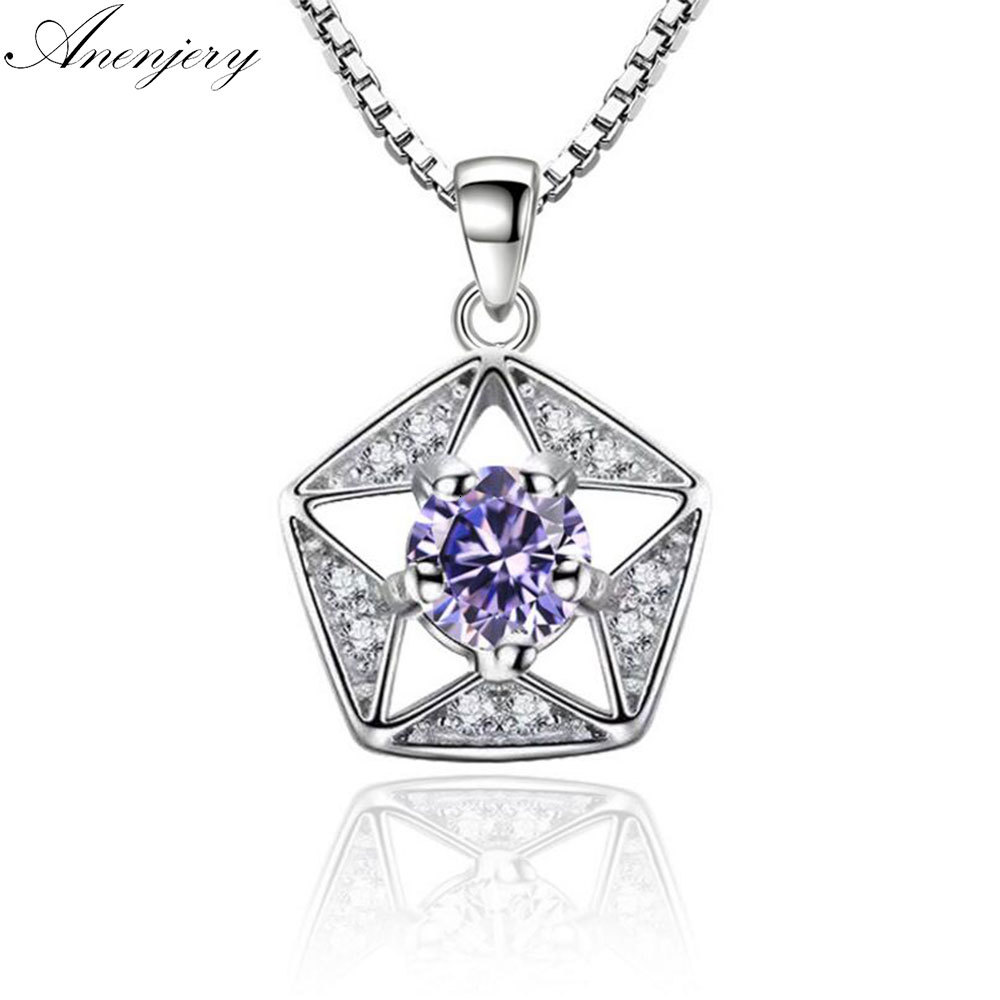 

925 Sterling Silver Hollow Zircon Pentagram Star Pendant Neckace For Women Gift Box Chain Collares Kolye
