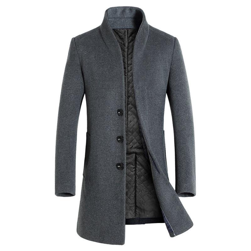 

2019 Men's Fine Wool Blend Solid Color Casual Business Stand Collar Woolen Coats / Male Slim Windbreaker Coat Men Jackets, Navy blue