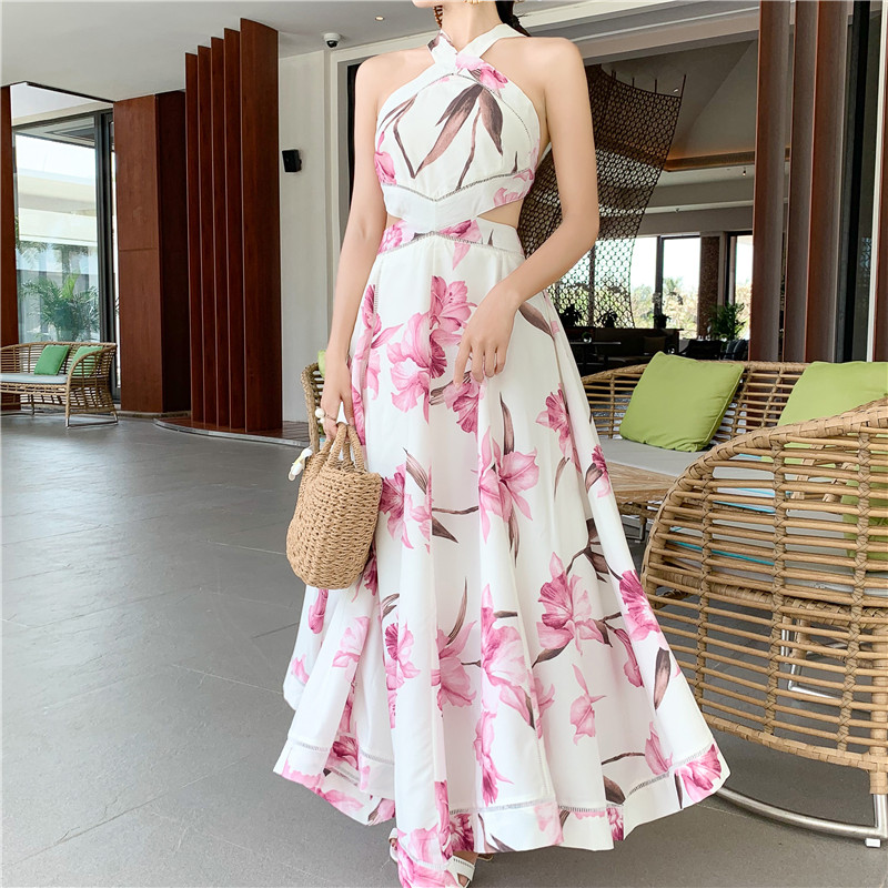 

New 2019 Print Summer Holiday Long Dress 2019 Runway Women Sexy Backless Hollow Out Maxi Dress Slim Off Shoulder Beach Party Dress, White;black