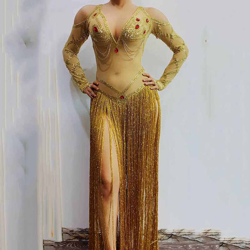 

Gold Red Rhinestones Long Fringe Transparent Mesh Bodysuit Bar DS Dance Rave Clothes Women's Birthday Celebrate Outfit DJ1930, As picture