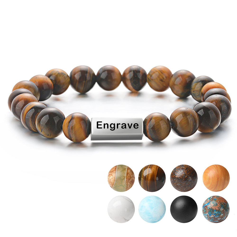 

Natural Stone Bead Bracelet&Bangle Stainless Steel Custom Engrave lettering Name ID Bracelet for Women Men Jewelry Lovers Gifts SL-159