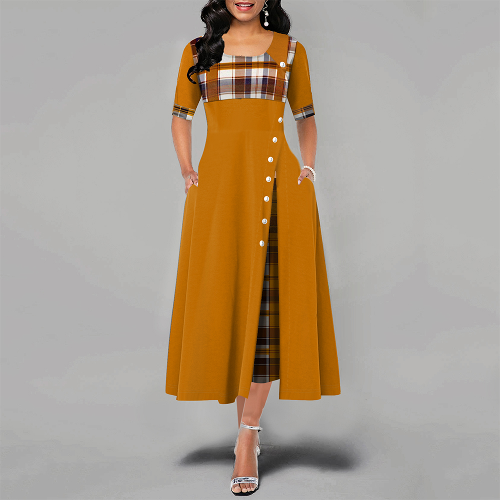 

Long Dress Women Plaid Print Party Dress Irregular Vintage Dresses Ladies Button A-Line Dress Robe Vestidos, Black