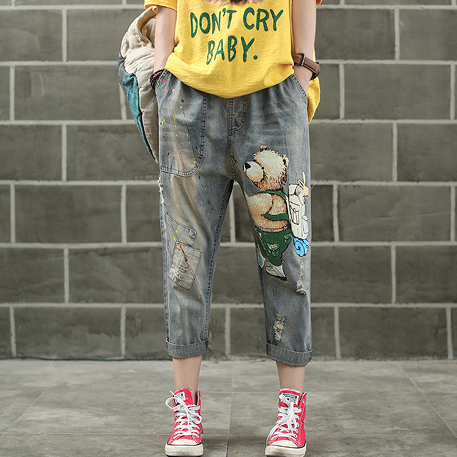 

Women Jeans Denim Pants Joggers Sweet Cute Fashion Casual Long Big Loose Cartoon Print for Spring Summer AZ30213018, Blue