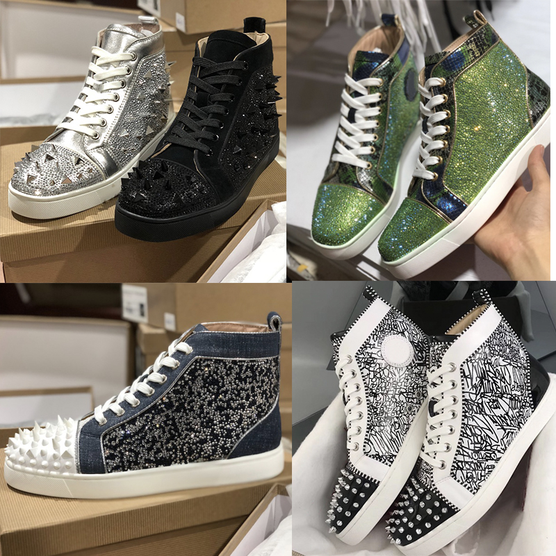 

Latest Mens Designer Red Bottom Sneakers Spike junior High Tops Flats shoes women trainers Genuine Leather Lovers Party Wedding Shoes, Color 1