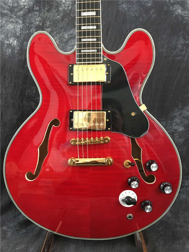 Sur mesure de haute qualité vendus à chaud double f trous corps creux guitare électrique jazz, matériel accessoires d'or de la guitare, de qualit