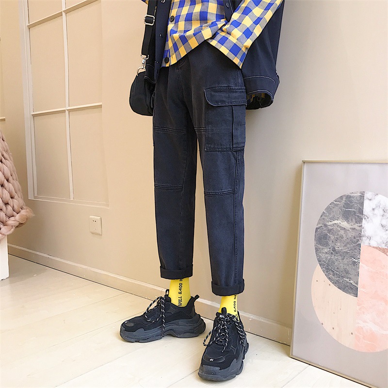 

Fashion 2020 Fashion Casual multi pocket Men' straight autumn winter harem pants Korean trendy handsome hip hop denim trousers, Black