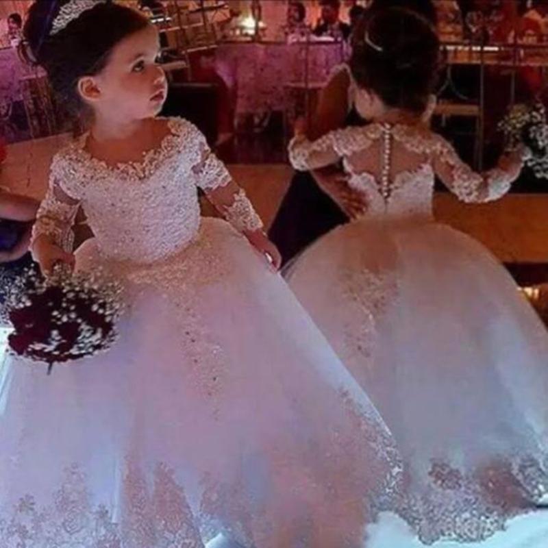 

Lace Applique Tulle Flower Girl Dresses Long Sleeves Lace Fluffy Beaded First Communion Dresses Girls Pageant Party, White