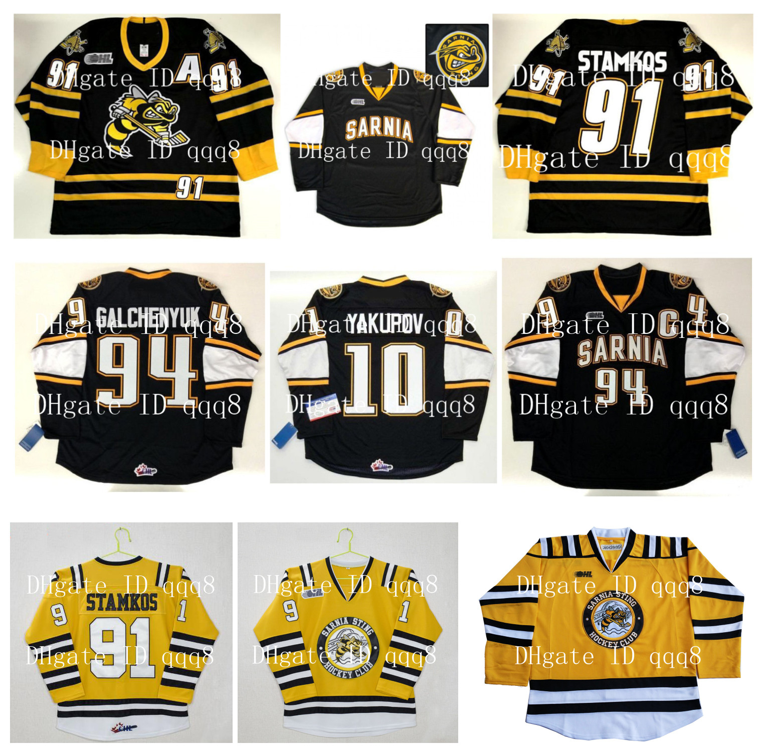 

Personalization Sarnia Sting Jerseys 91 Steven Stamkos 94 Alex Galchenyuk 10 Nail Yakupov Black Yellow 100% Stitching Custom Hockey Jerseys, As pic