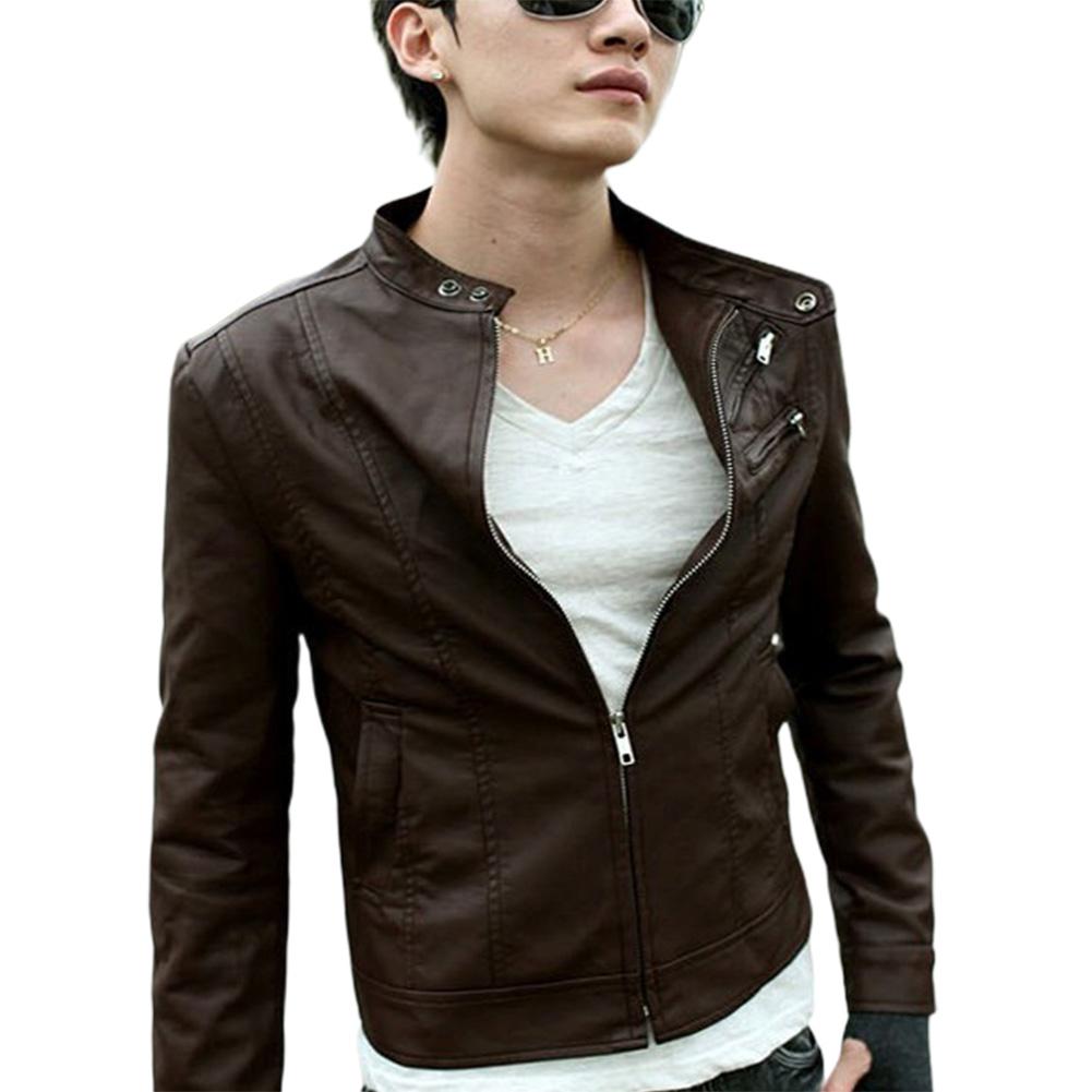 

MISSKY Men Jacket Solid Color Motorcycle PU Leather Coat Stand Collar Multi Zippers Slim Jacket Overcoat Mlae Tops Spring Autumn, Black