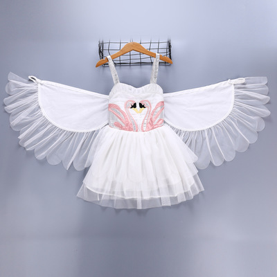 

Kids Dress 2019 Summer Flamingo Princess sling dress high quality cotton baby girls Swan wings dress elegant clothing, As photo