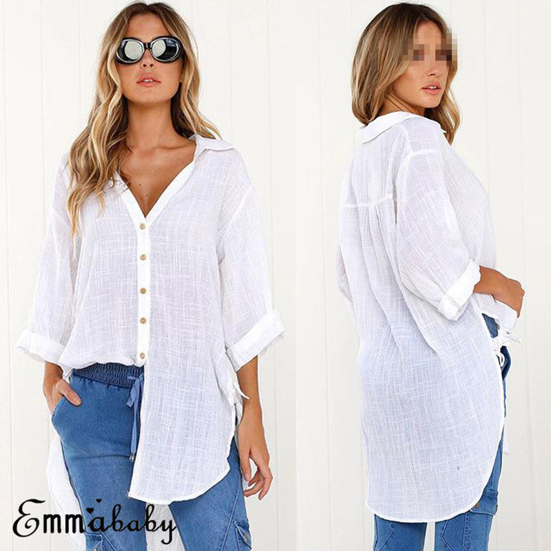 

Women Regular Sleeve Solid Three Quarters Sleeve Tops Long Blouse Ladies Casual turn down collar long shirt top, Blue