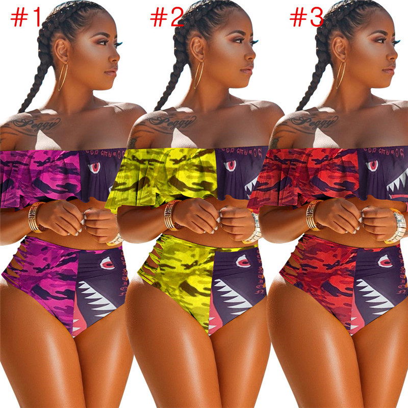 Femmes Maillots de bain design Flounce Soutien-gorge + Short Hipster Bikini Ensemble 2 pièces maillot de bain à la mode Camo Shark Beachwear Swim