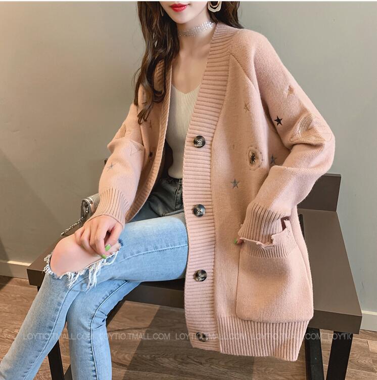 

High Quality Spring Autumn Japanese Girls Sweet Embroidery Sweater Cardigan Women Ins Loose Pink Cardigan Women, Blue