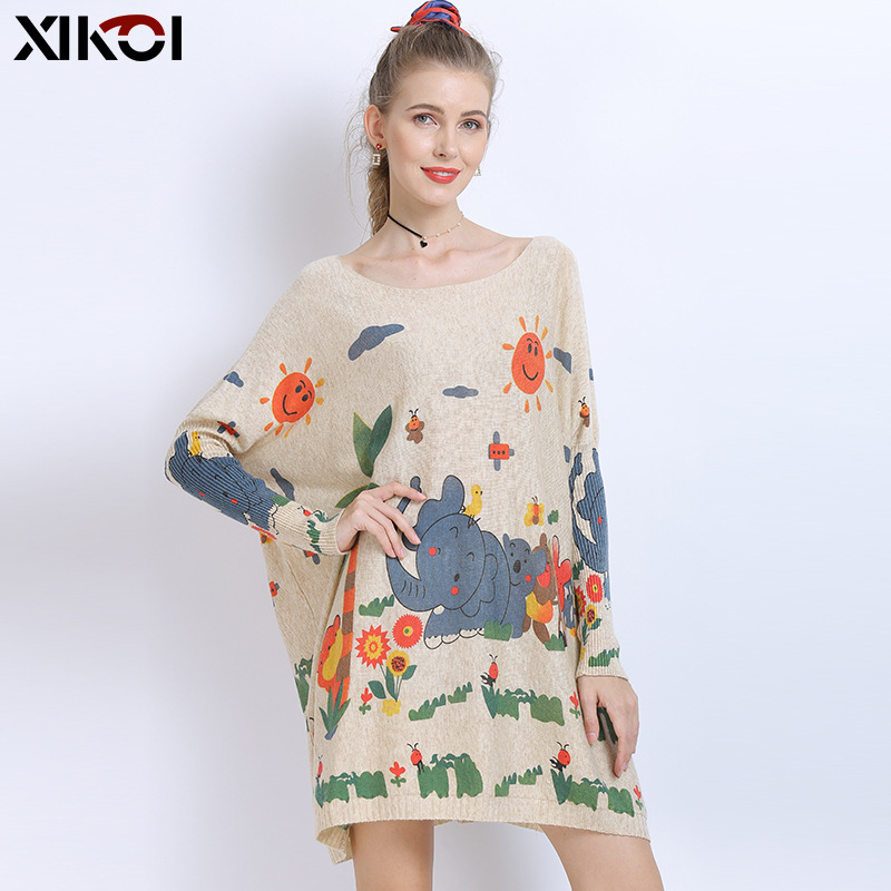 

Plus Size Wool Sweater Women Spring Pullover Batwing Sleeve Elephant Print Fashion Autumn Woman Long Sweaters Pullovers Jumper, Gray