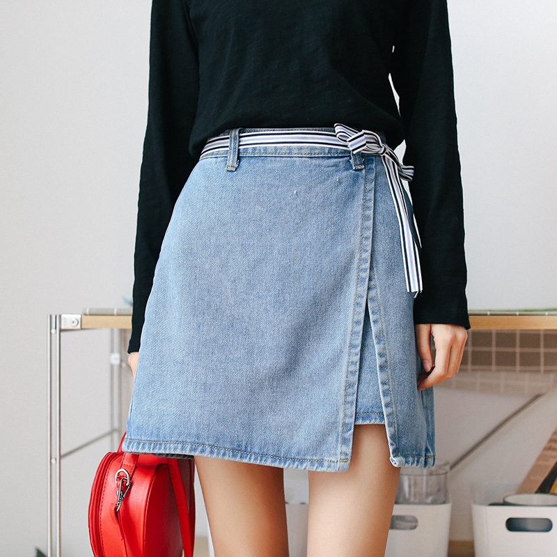 

New arrival Denim Skirt High Waist A-line Mini Skirts Women 2019 Summer New Arrivals belt Blue Jean Skirt Style Saia Jeans, 8 as pic382