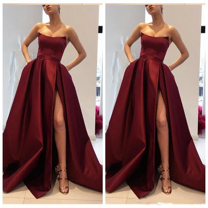

2019 Sweetheart A-Line Split Prom Dresses Pleated Satin Custom Formal Evening Party Gowns Cheap Sale Vestidos De Soiree Evening Gowns, Burgundy