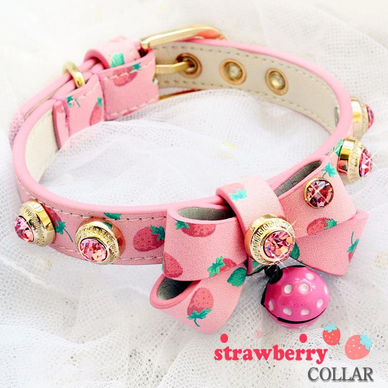 

Dog collar dog leash cat pet accessories handmade Senior real calfskin rhinestone buckle pink strawberry Accept Customize Size cattlehide