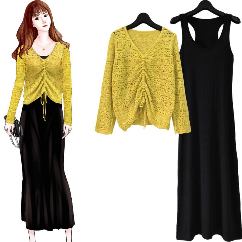 

2020 New Autumn Women's Casual Long Sleeved Hollow Knitting Sweater Vest Dress Two Piece Set Women Dress Suit Outfit, White top and dress