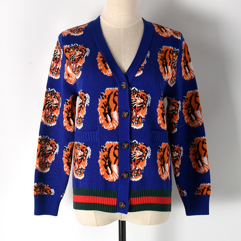 

Fashion- New Autumn and Winter Women Knitwear Covered Tiger Head Print V-Neck Knit Shirt Cardigan Sweater Womens Outwear Tops Size S-L, White;black
