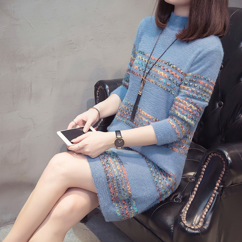 

Sweater Women 2020 Autumn New Knit Sweater Pullover Lmitation Water Cashmere Half High Collar Fashion Dress Vestidos, Blue