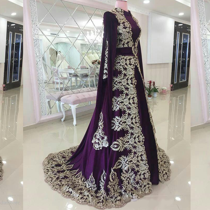 

2020 Moroccan Caftan Evening Dresses Purple Elegant Dubai Abaya Arabic Gowns For Special Occasion Prom Dress With Appliques, Khaki
