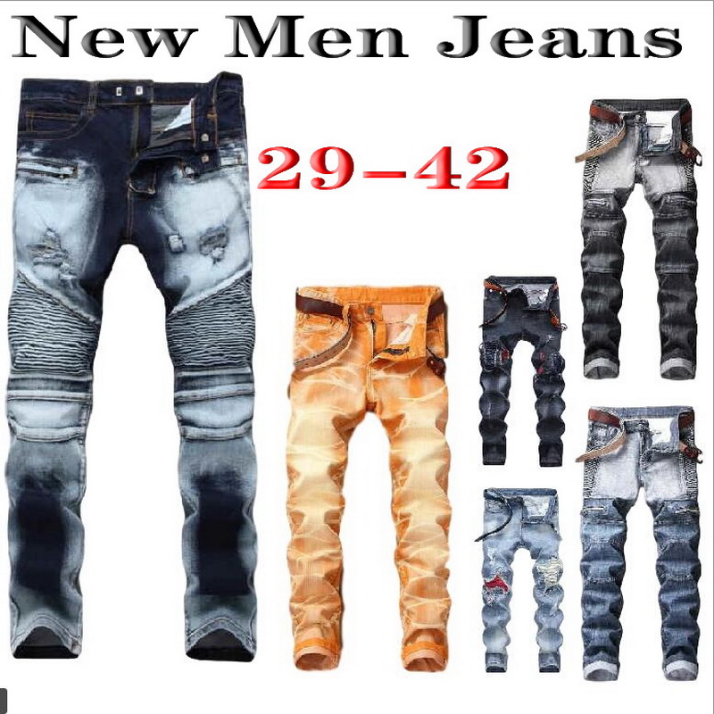 

Men's Jeans 2021 Mens Designer Slim Skinny Moto Biker Casual Straight Holes Men Destroyed Denim Pants More Styles No Belts, A06 blue